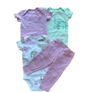 Carters Bundle Onesies and Pants Ser of 4 Baby Girl Purple/Green 3-6 Months